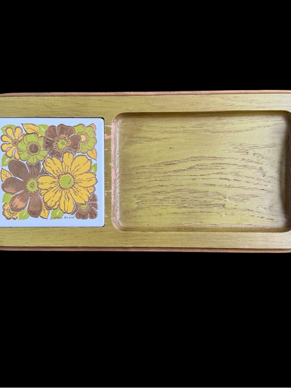 VTG Mid Century Georges Briard Cheese Charcuterie Board Tray Floral Tile Green